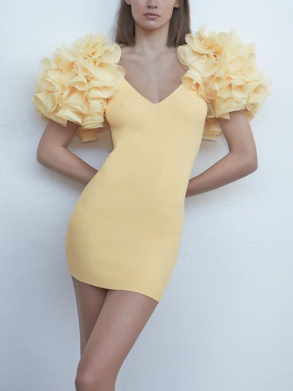 Zara Yellow Ribbed Bodycon Mini Dress 3D Floral Statement Sleeves S